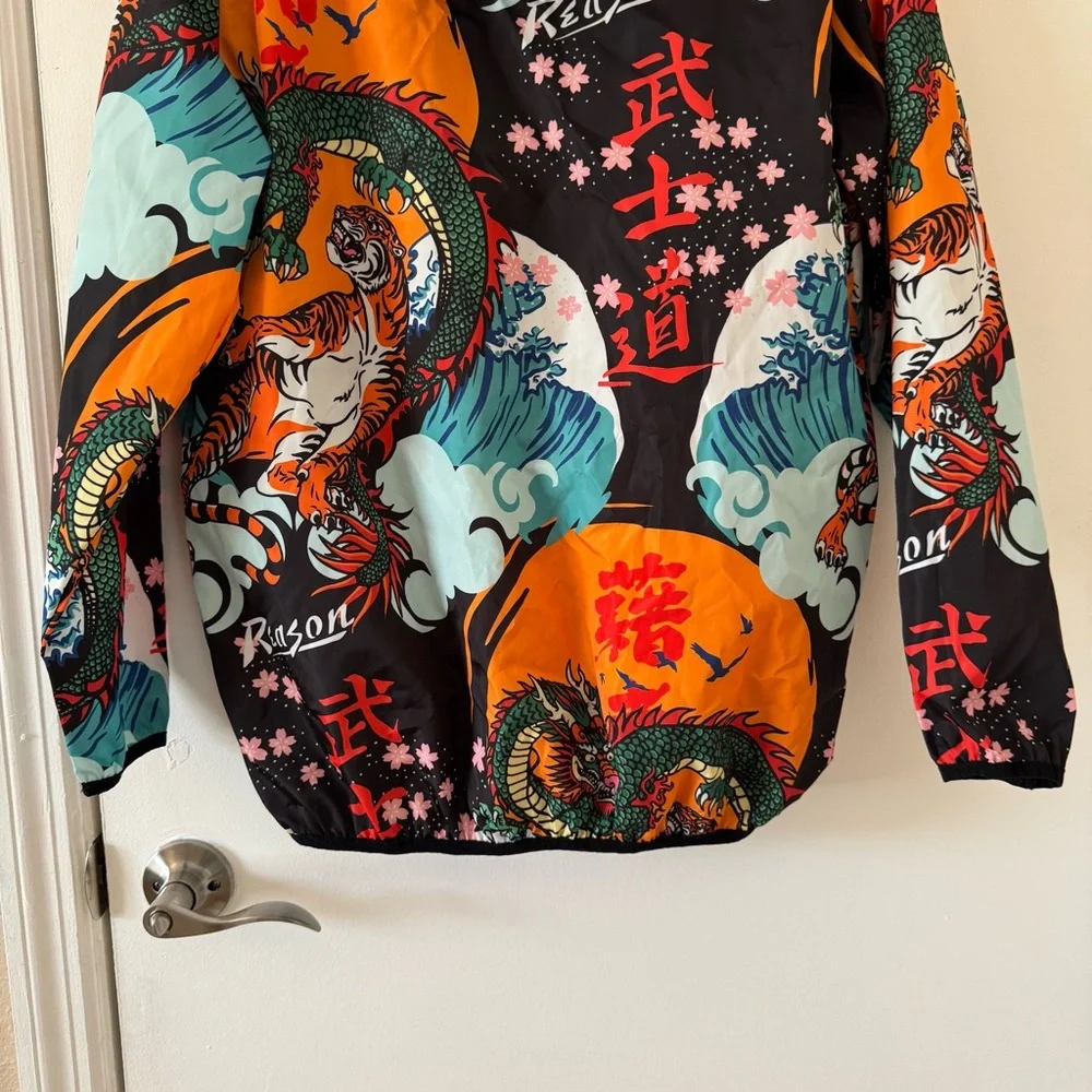 Reason Clothing Kanji Japan Print Dragon Half-Zip Anorak Hoodie Jacket Sz Medium